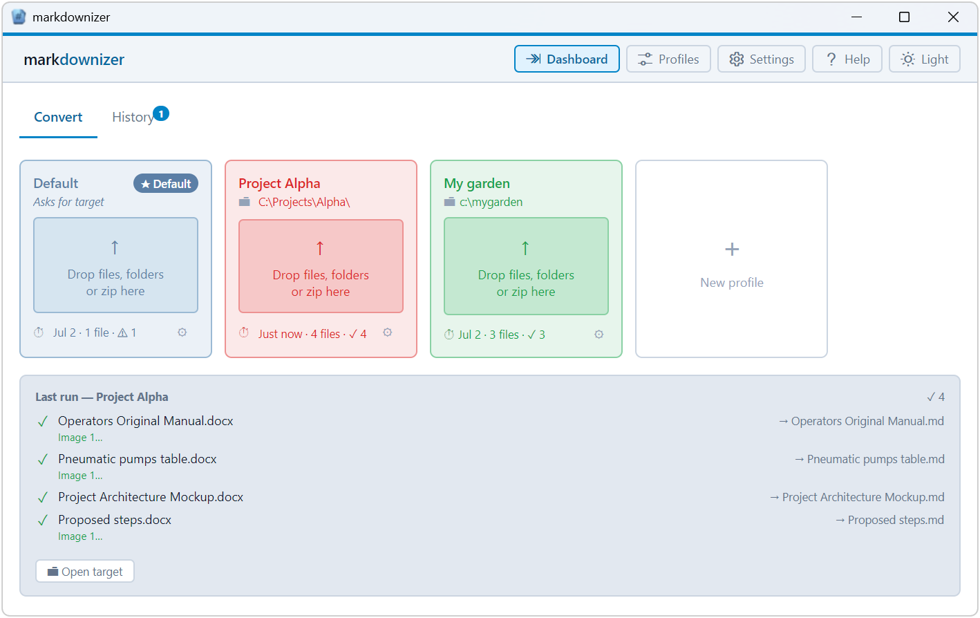 Markdownizer main window — file queue and profile selection