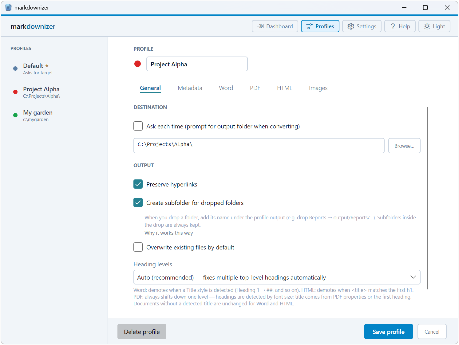 Markdownizer profile settings panel